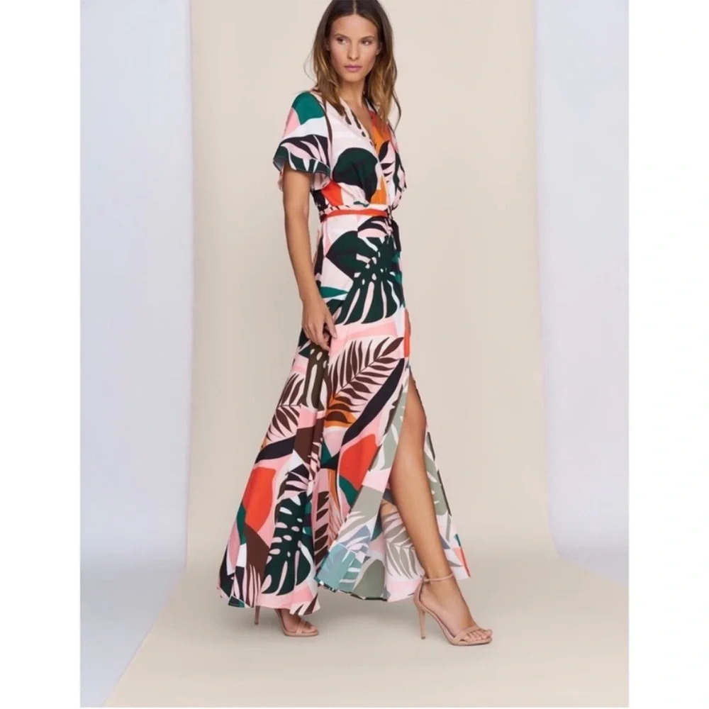 Hutch Pink and Green Resort Maxi Dress with Flutter Sleeves